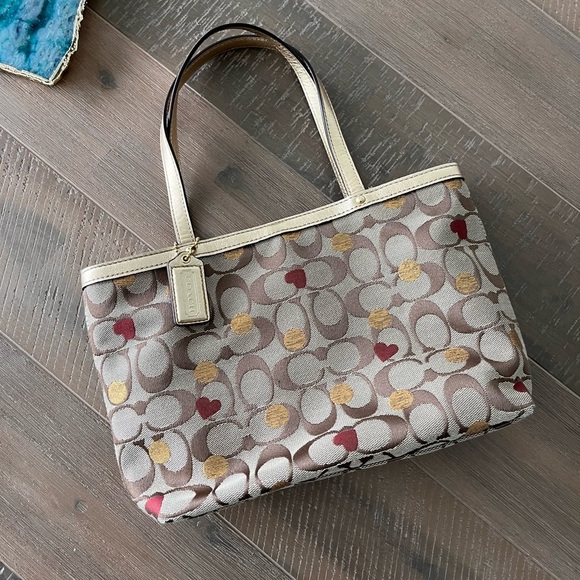 Coach Handbags - COACH| POPPY LUREX RED HEARTS & GOLD DOTS TOTE BAG
